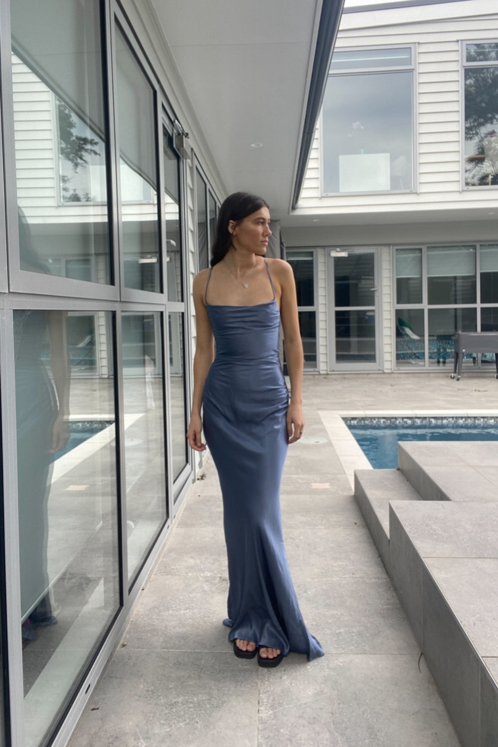 la lune lace back maxi dress blue smoke Shona Joy - La Lune Lace Back Maxi Dress - Powder Blue