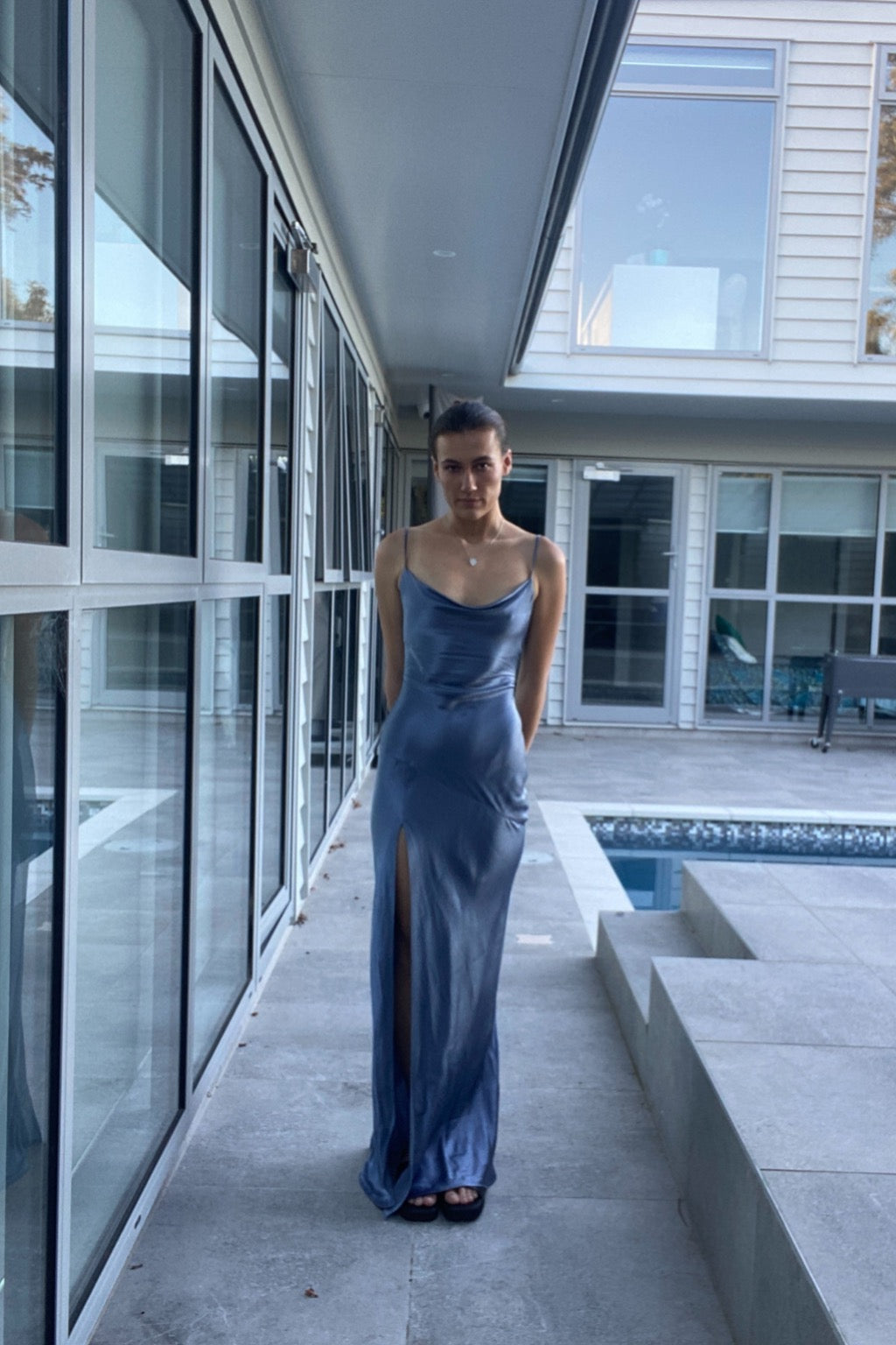 la lune lace back maxi dress blue smoke Shona Joy - La Lune Backless Ruched Maxi Smoke Blue